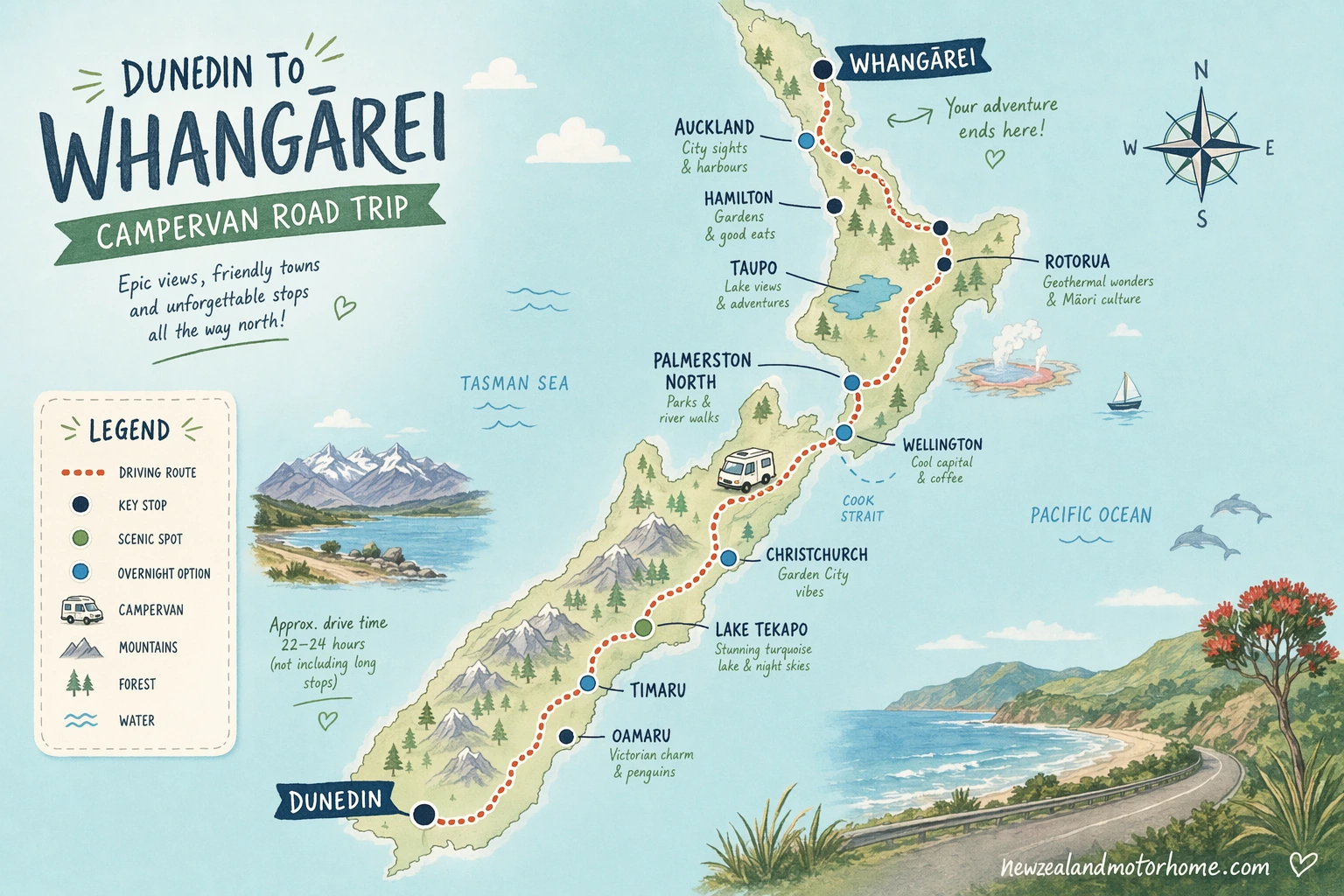 Illustrated campervan map — dunedin to whangarei campervan