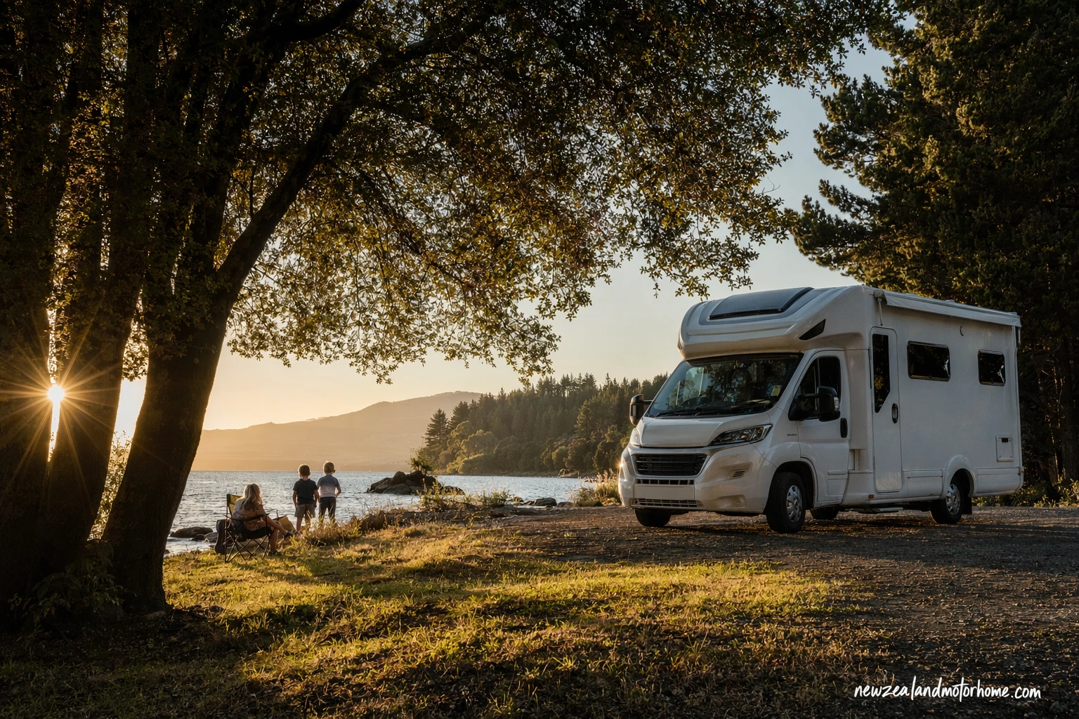 Family campervan parked beside a New Zealand lake with mountains in the background