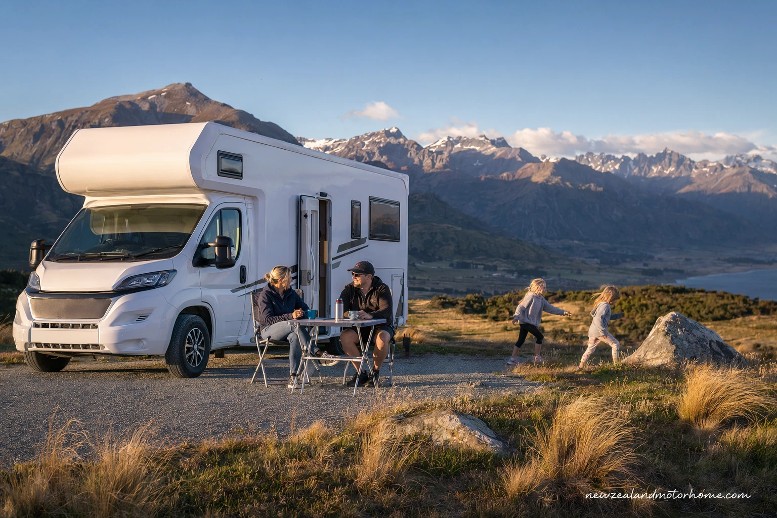 Campervan parked beside Lake Tekapo during a New Zealand school holiday road trip