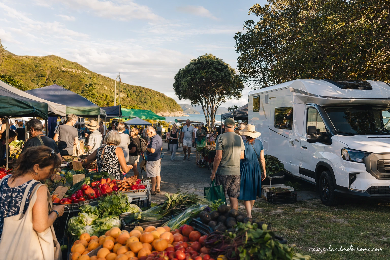 Campervan parked near a local farmers market stall on the road to Abel Tasman