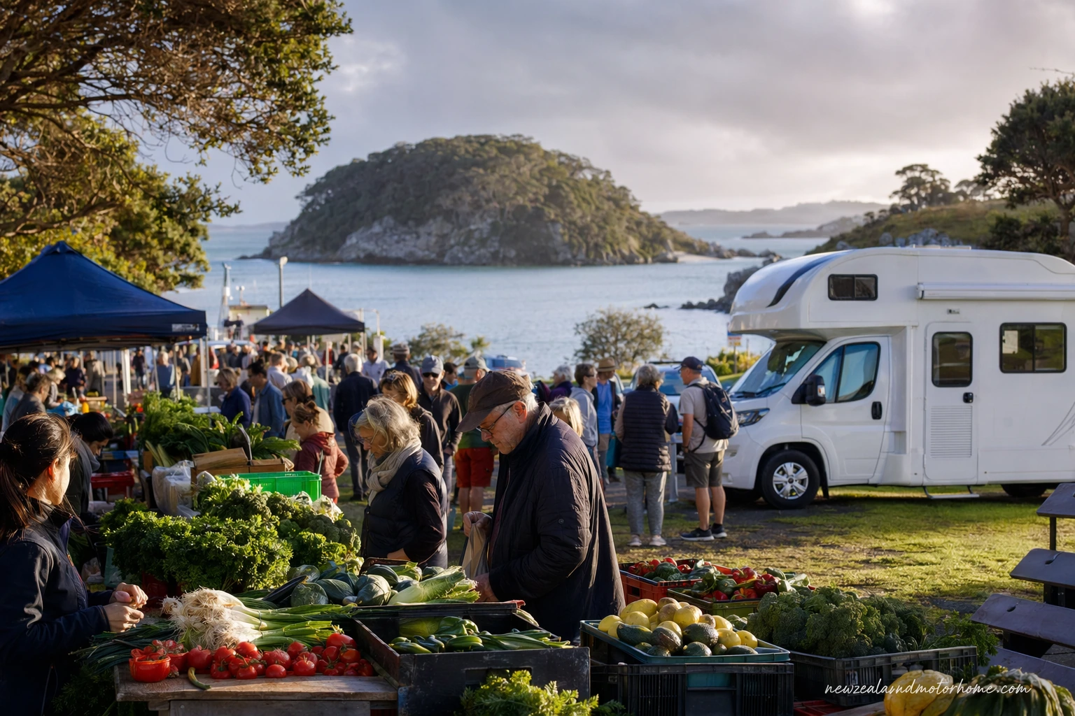 Campervan parked near a Bay of Islands farmers market with fresh produce stalls and harbour hills nearby