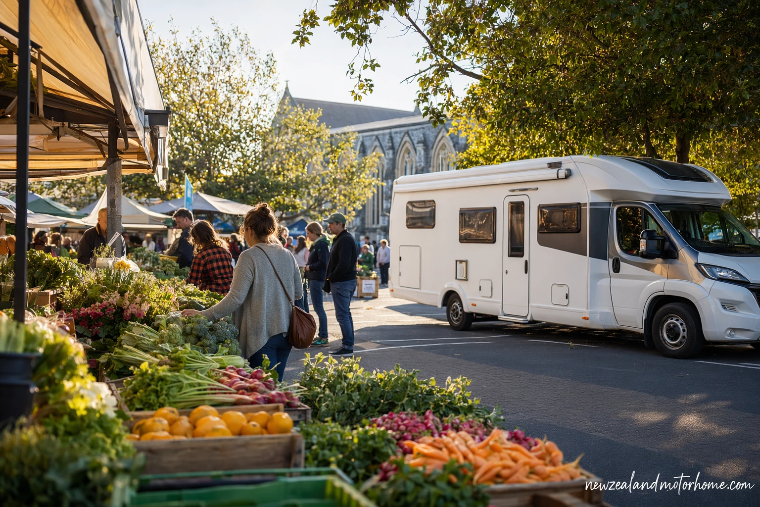 Campervan parked near a Canterbury farmers market with fresh produce stalls and shoppers in the morning