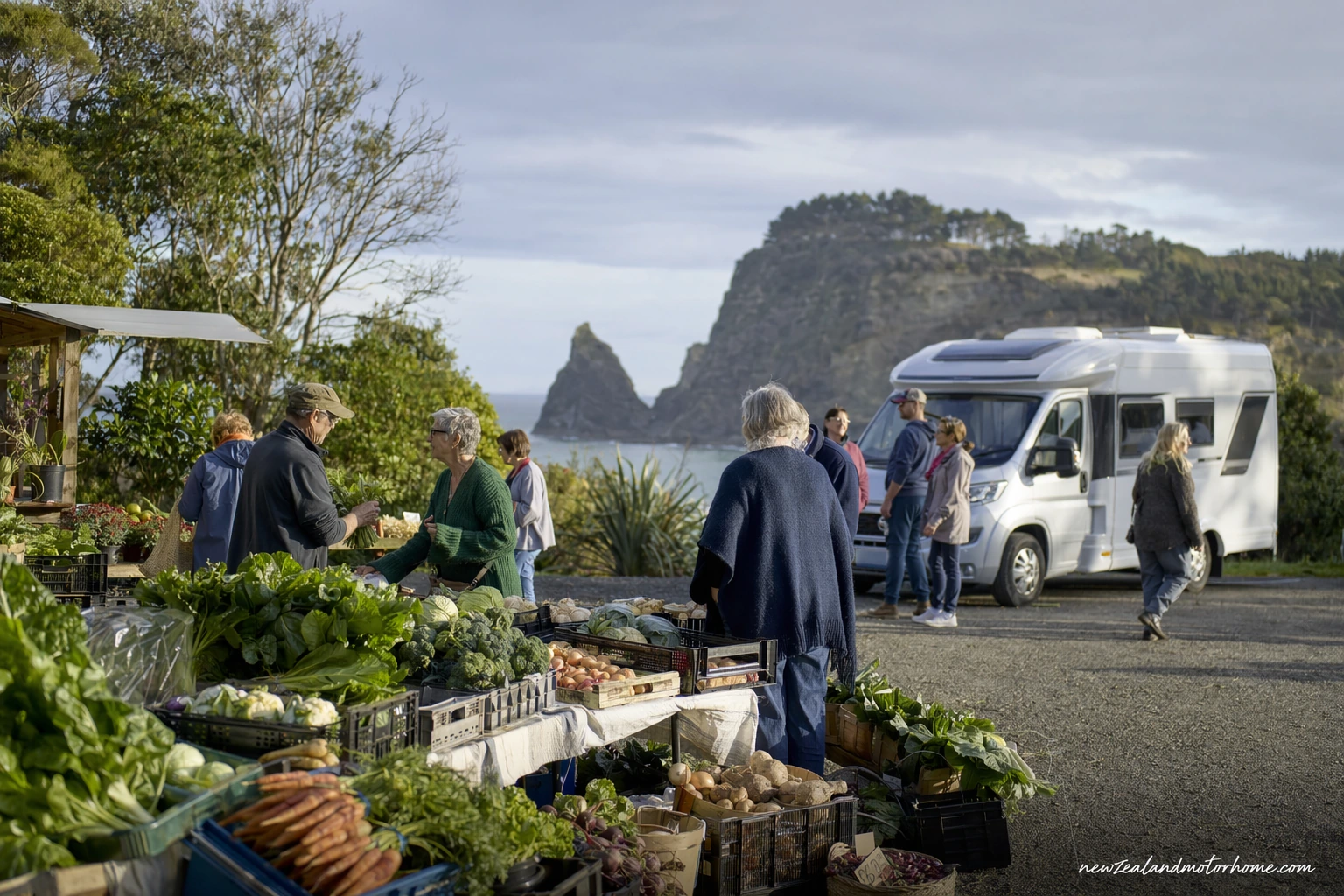 Campervan parked near a small Catlins community farmers market with coastal hills and fresh produce stalls