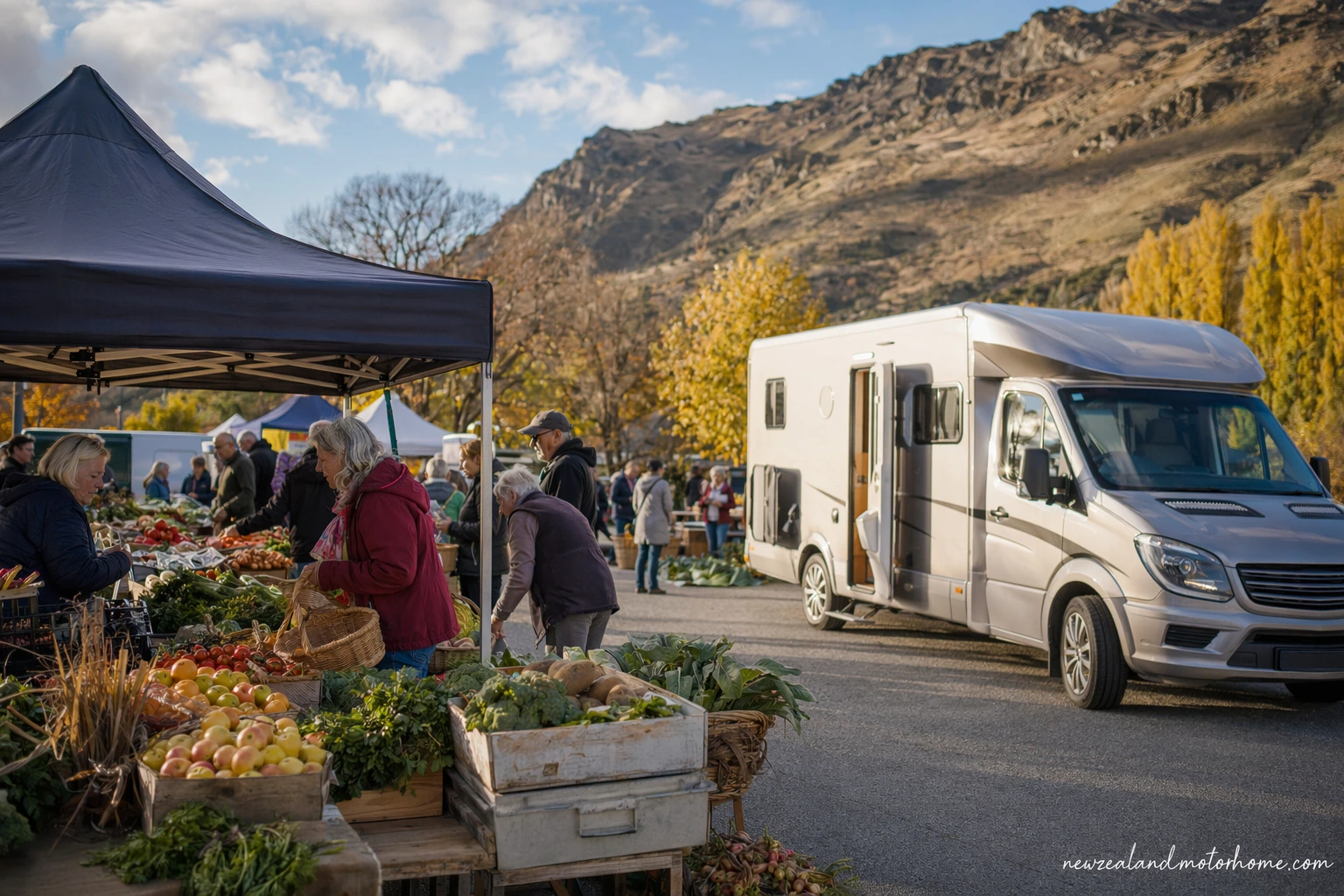 Campervan parked near a Central Otago market with fruit stalls, dry hills and old town buildings nearby