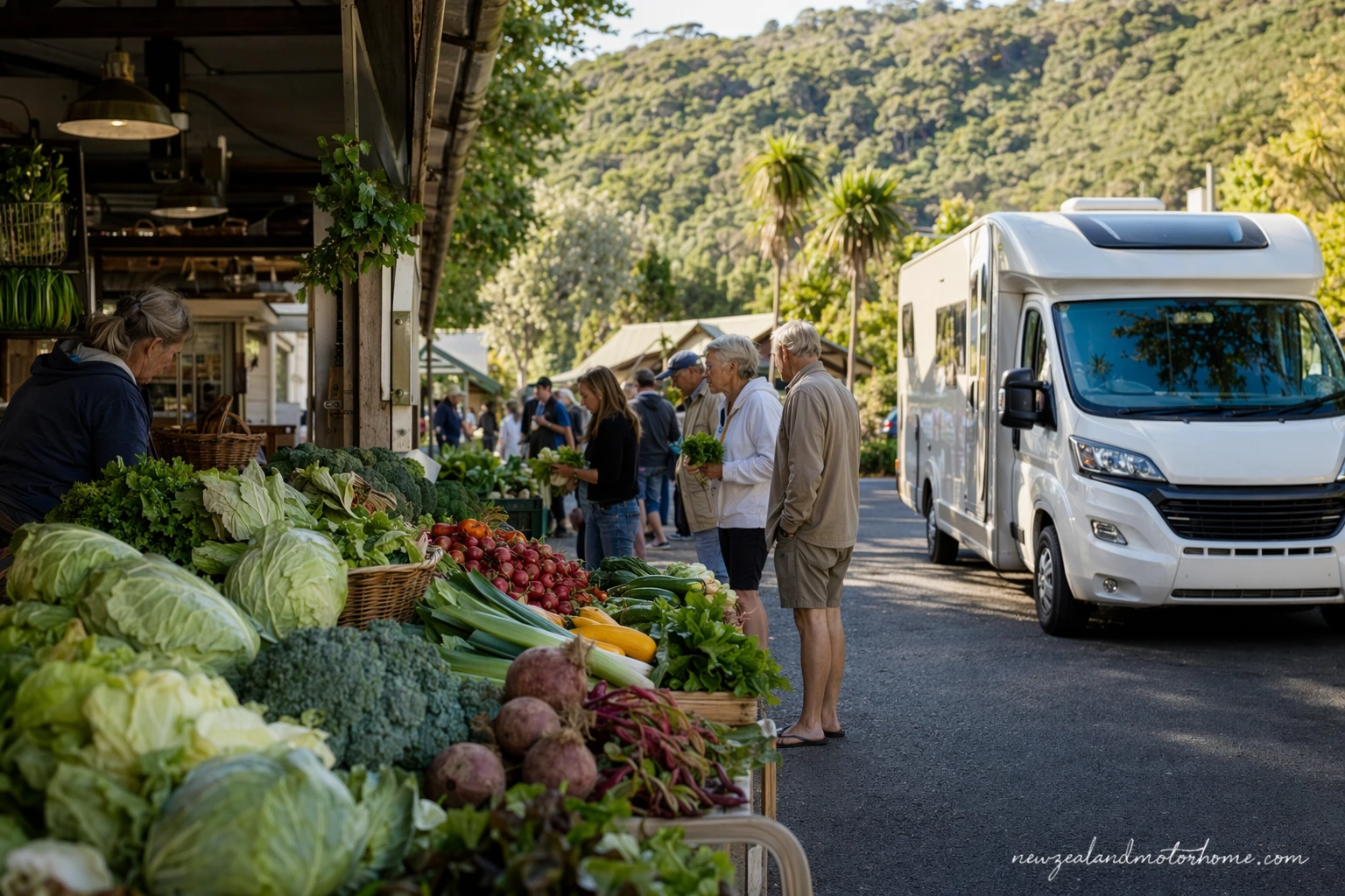 Campervan parked near a Coromandel farmers market with fresh produce stalls and coastal hills behind