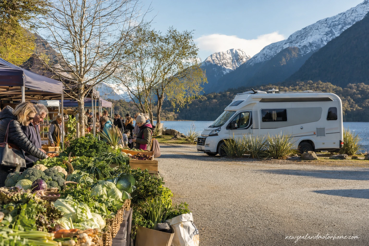 Campervan parked near Te Anau with market bags of fresh produce in Fiordland