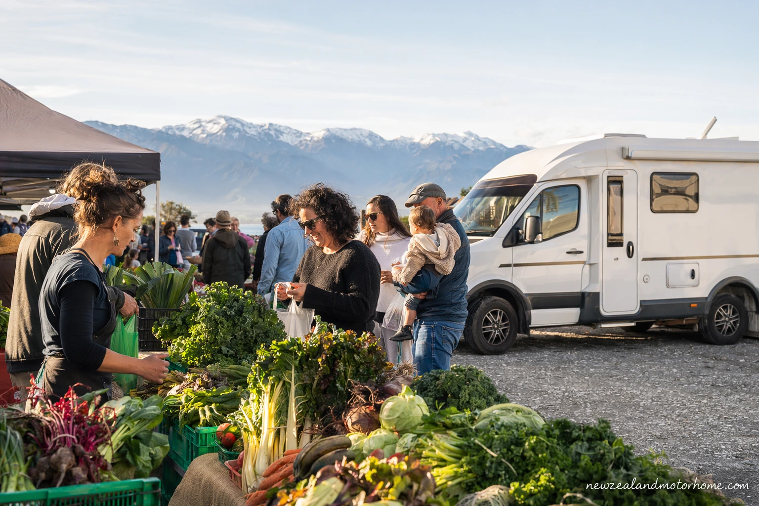 Campervan parked near the Kaikoura town centre before a local farmers market by the coast