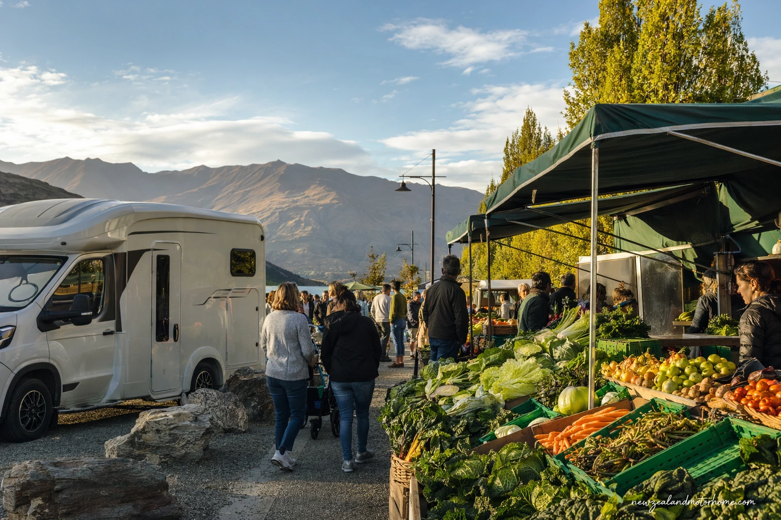 Campervan parked near a small farmers market in the Mackenzie high country