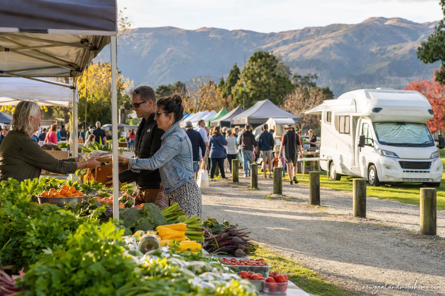 Campervan parked near a Marlborough farmers market with fresh produce stalls and hills in the background