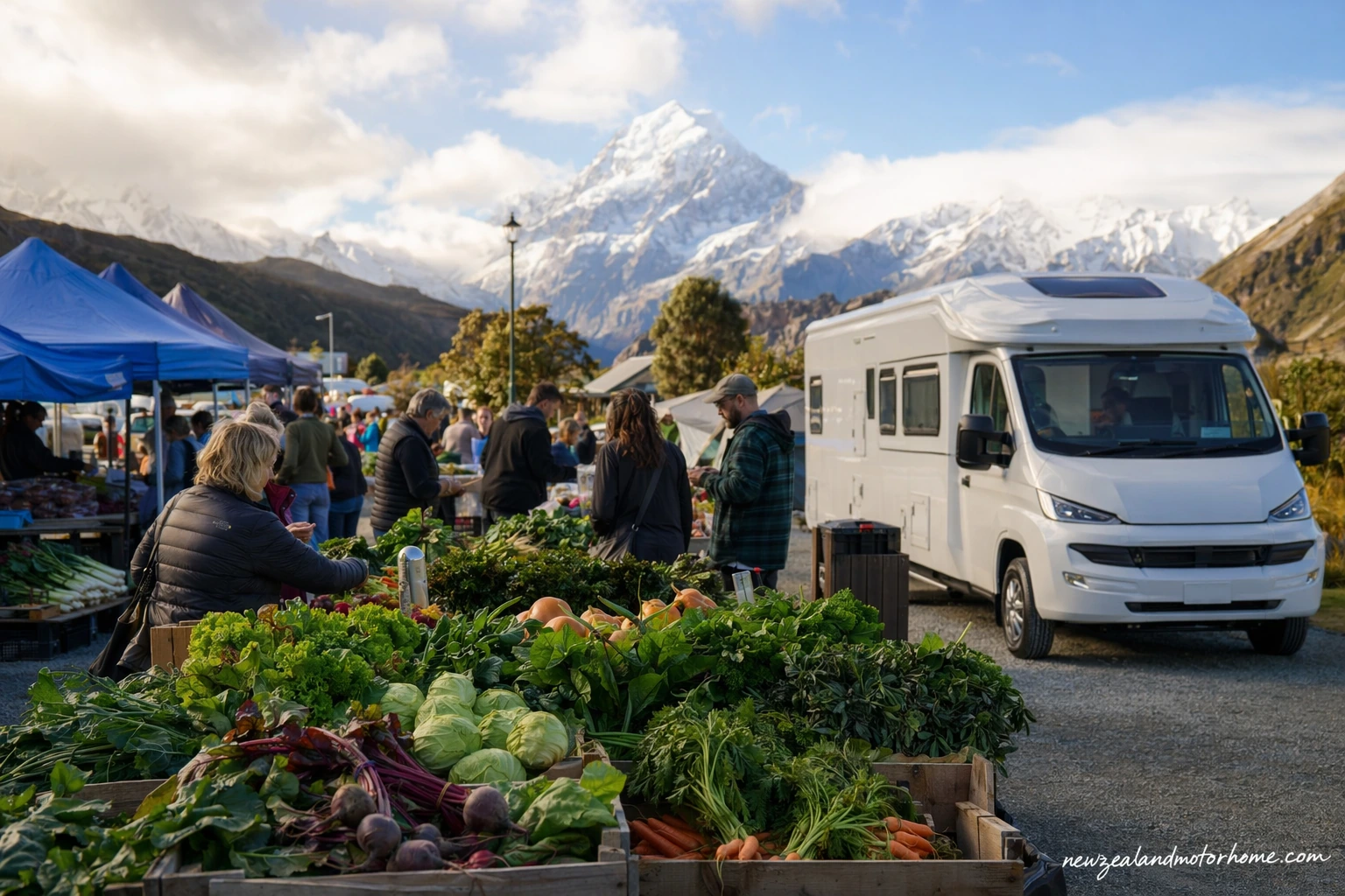 Campervan parked near Aoraki Mount Cook with market produce packed for the alpine road