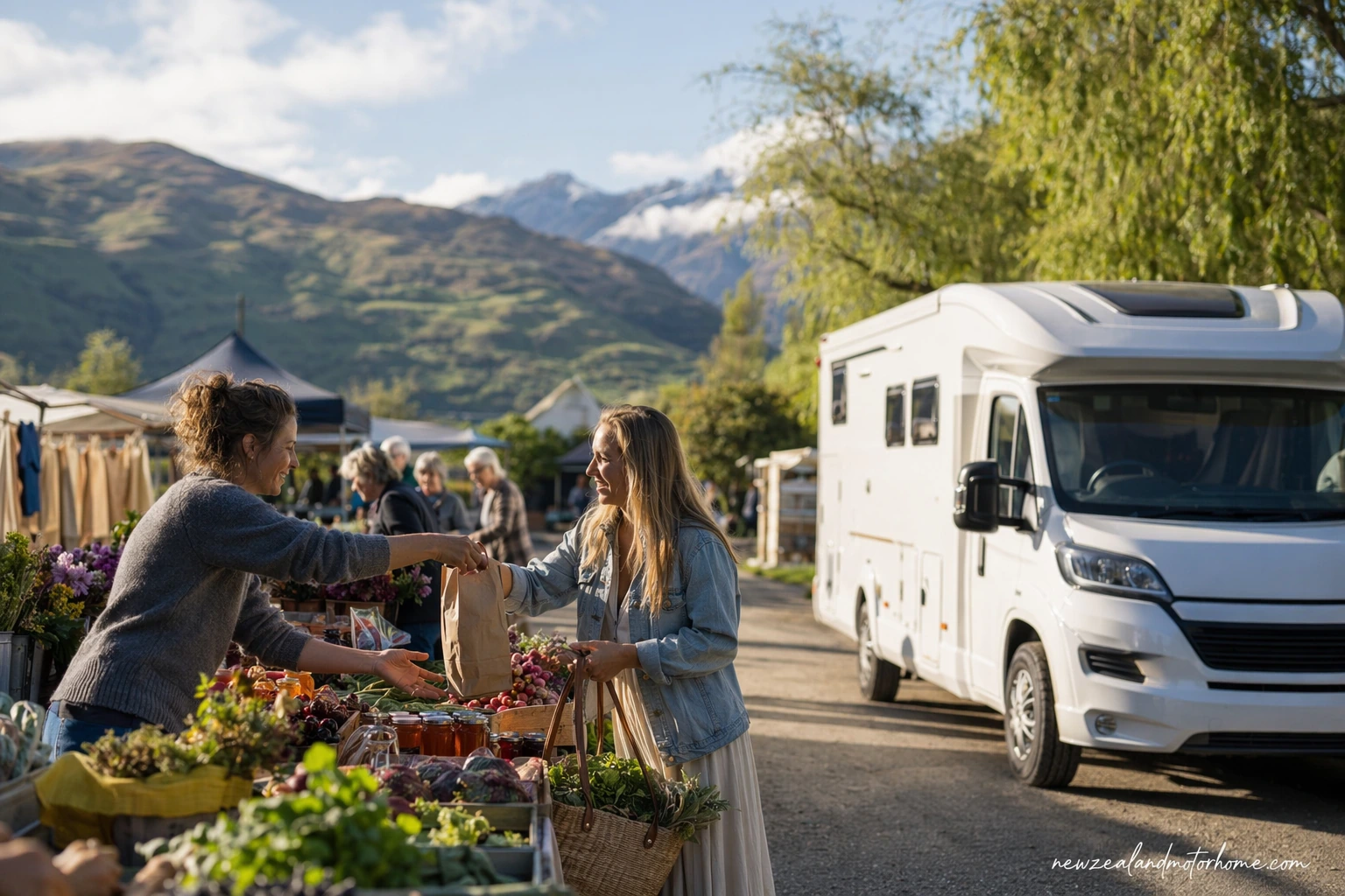 Campervan parked near a busy farmers market in a New Zealand town square