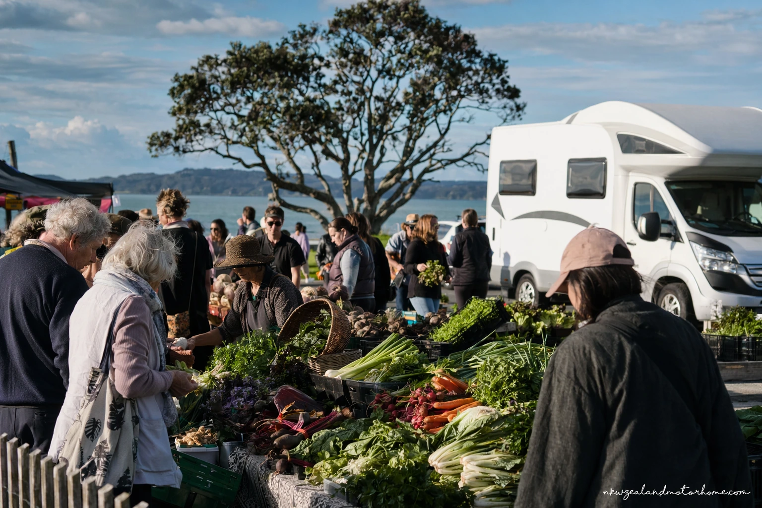 Campervan parked near a Northland farmers market with fresh produce stalls and coastal hills nearby