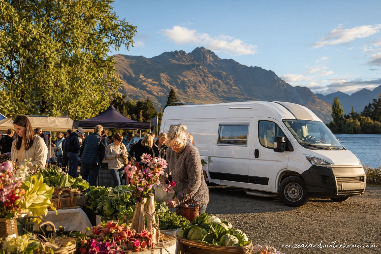 Campervan parked near a Queenstown Lakes farmers market with fresh produce stalls and mountains behind