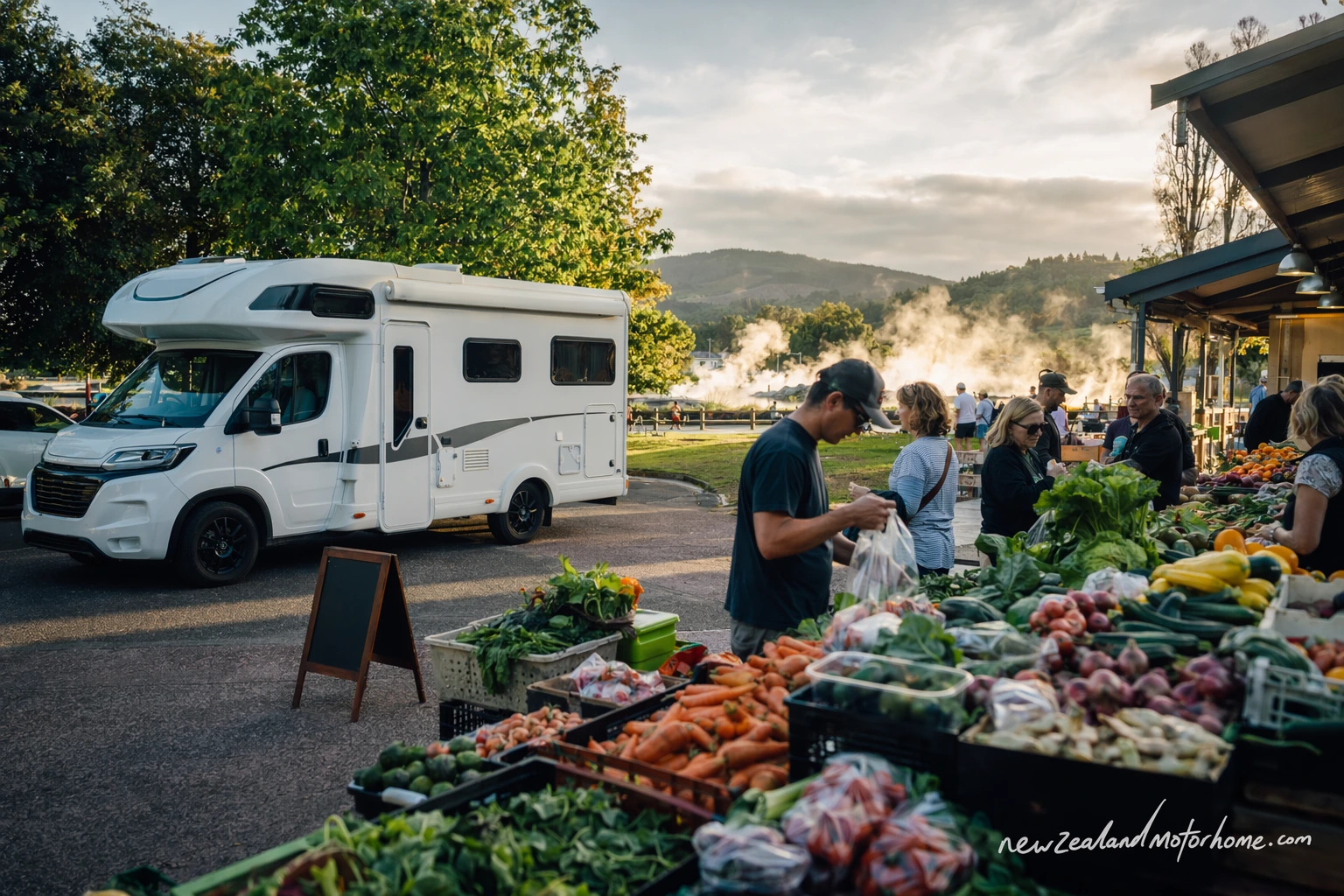 Campervan parked near Rotorua market stalls with fresh produce and shoppers in the central city