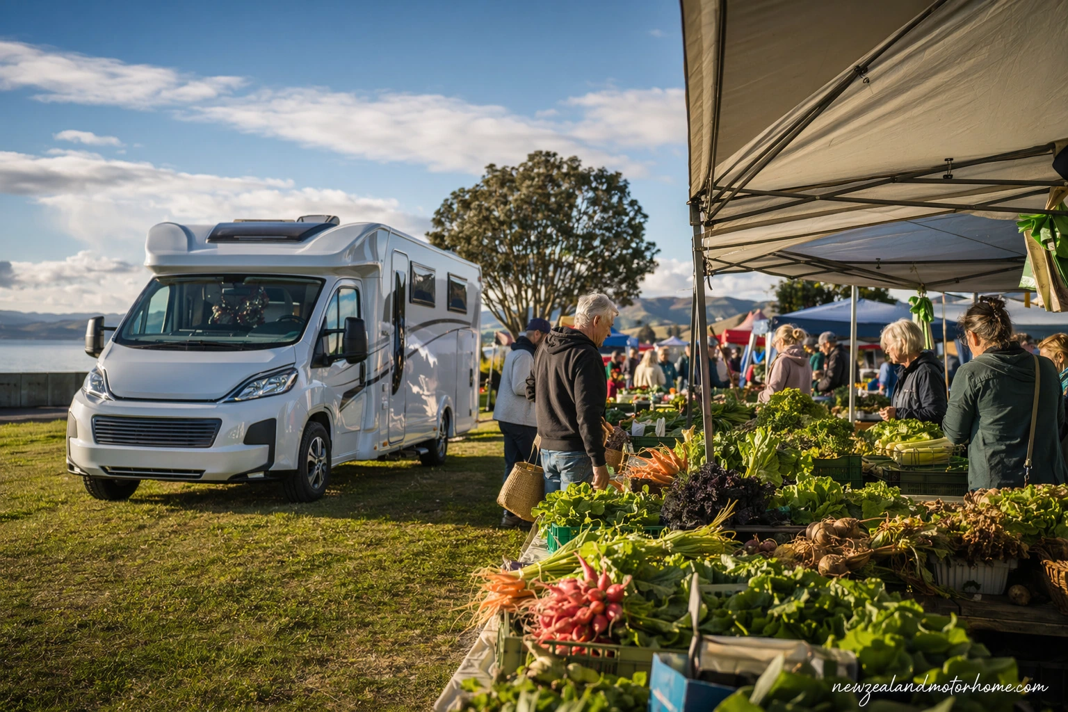 Campervan parked near a Southland farmers market with fresh produce stalls and wide southern skies