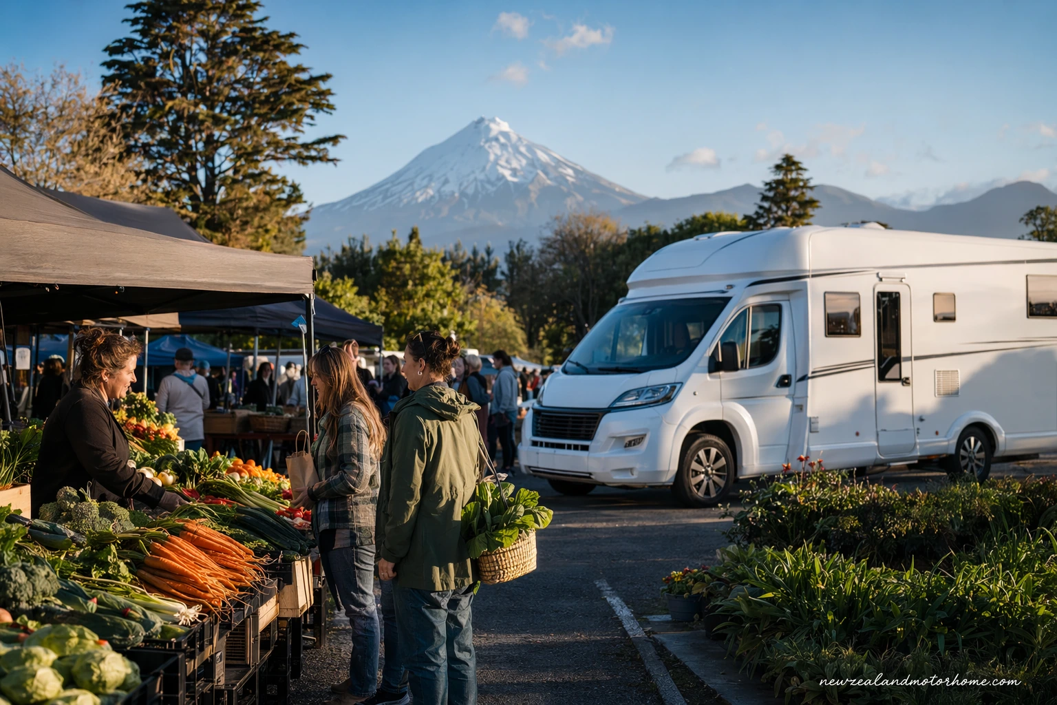 Campervan parked near a Taranaki farmers market with fresh produce stalls and Mt Taranaki in the distance
