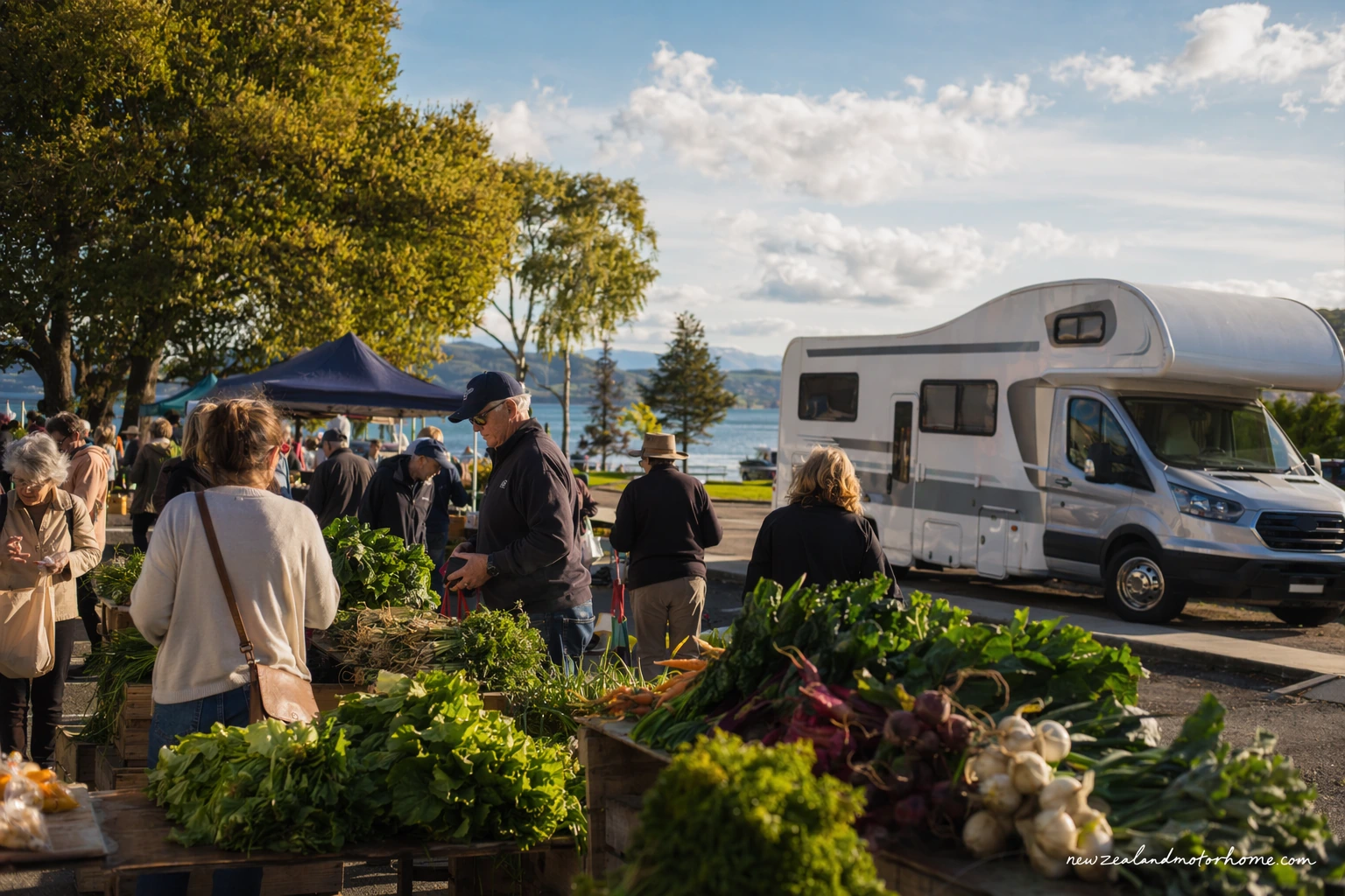 Campervan parked near a Taupō weekend market with Lake Taupō and fresh produce stalls nearby