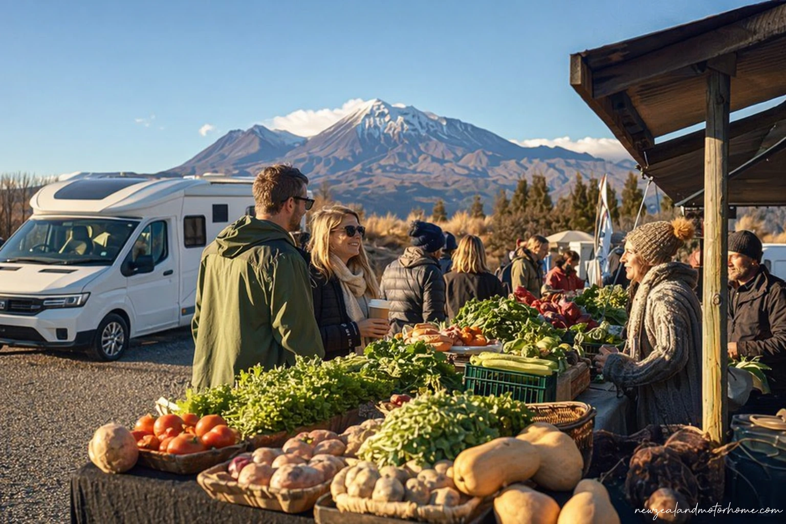 Campervan parked near a weekend produce market on the Tongariro plateau