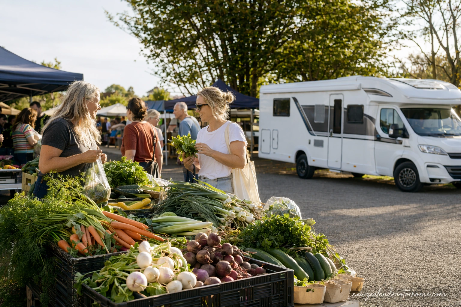 Campervan parked near a Waikato farmers market with fresh produce stalls and rural hills in the background