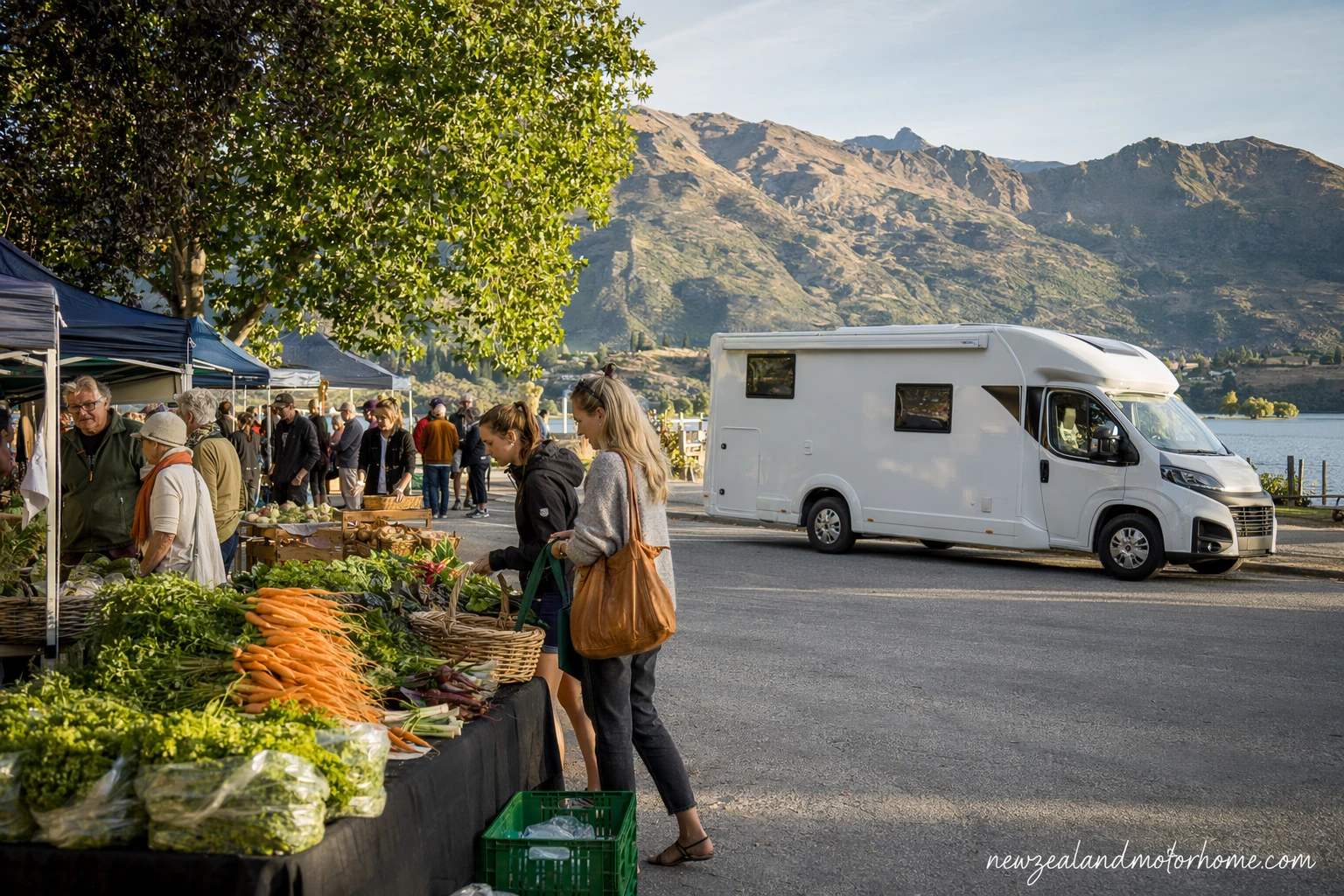Campervan parked near Lake Wanaka with market bags of fresh produce ready for a town walk