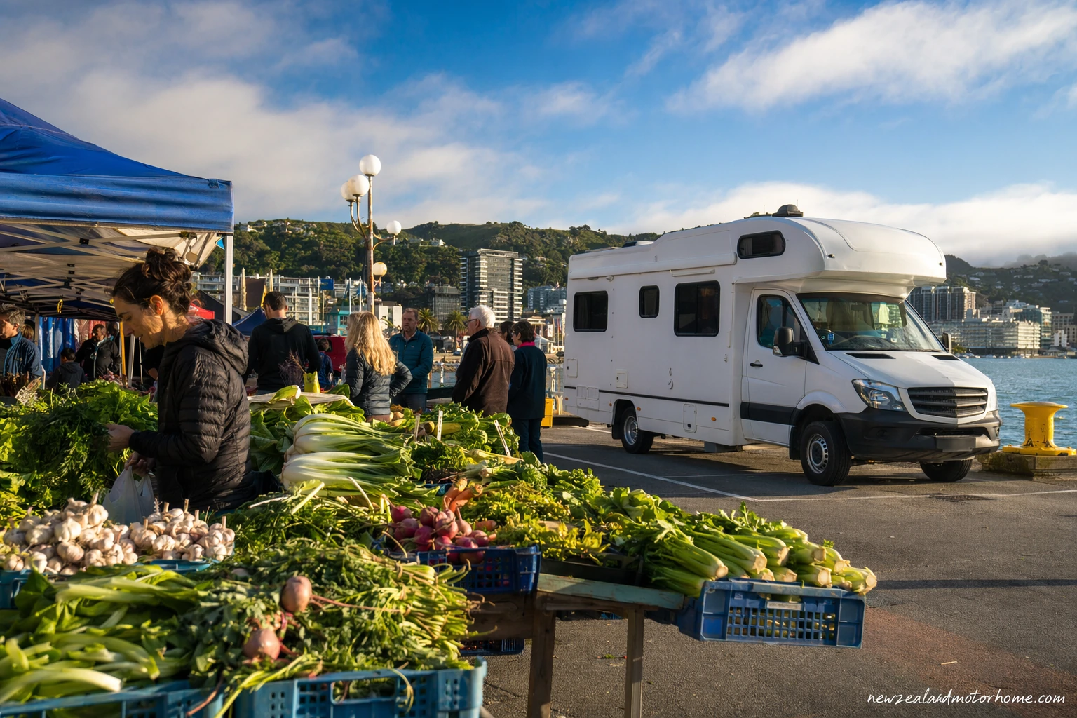 Campervan parked near Wellington harbour before visiting a weekend farmers market