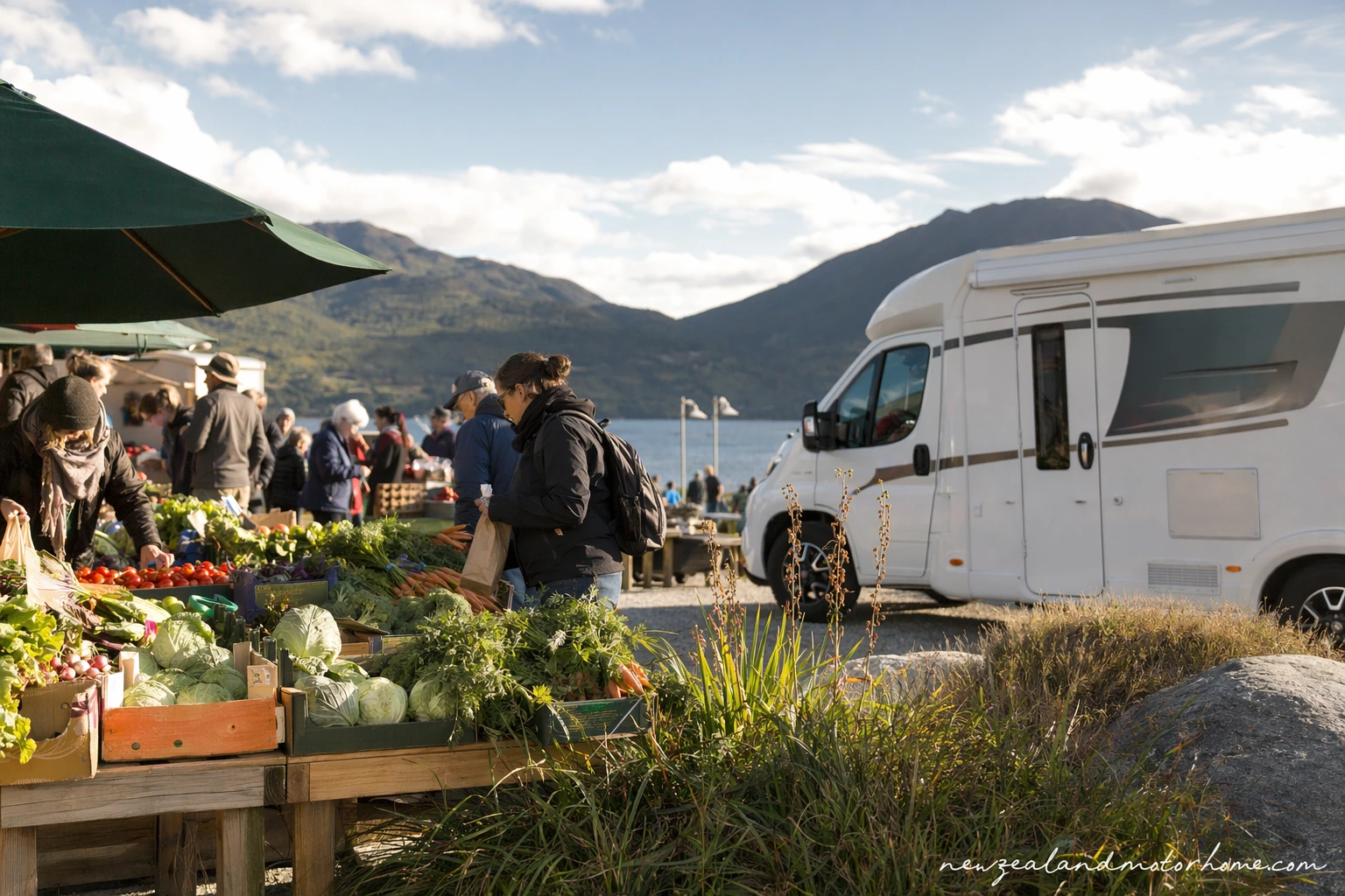 Campervan parked near a small West Coast farmers market with fresh produce stalls and bush-covered hills behind