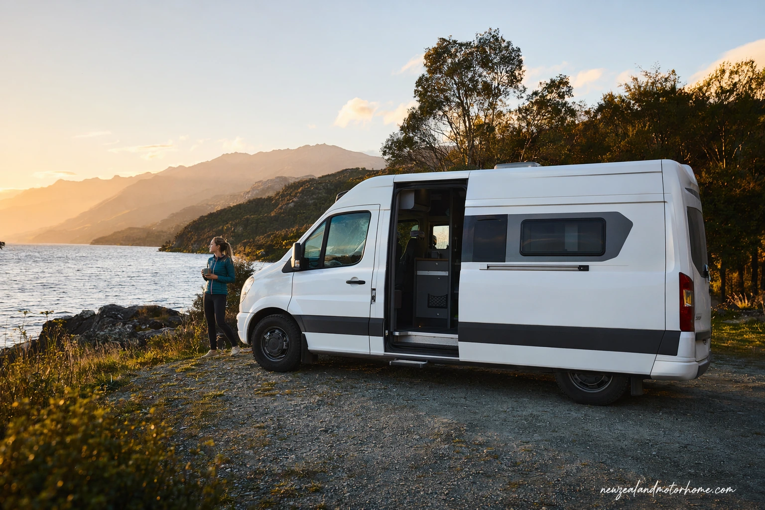 Campervan parked beside Lake Pukaki in New Zealand with Aoraki Mount Cook in the distance