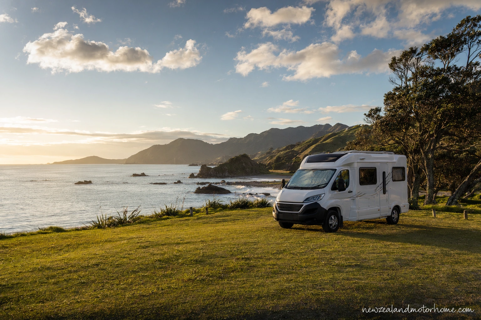 Campervan parked legally at a quiet New Zealand lakeside freedom camping area at dusk