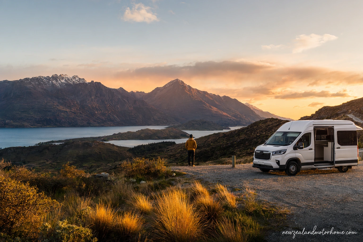 Campervan parked beside Lake Te Anau before a Great Walks hiking section in Fiordland