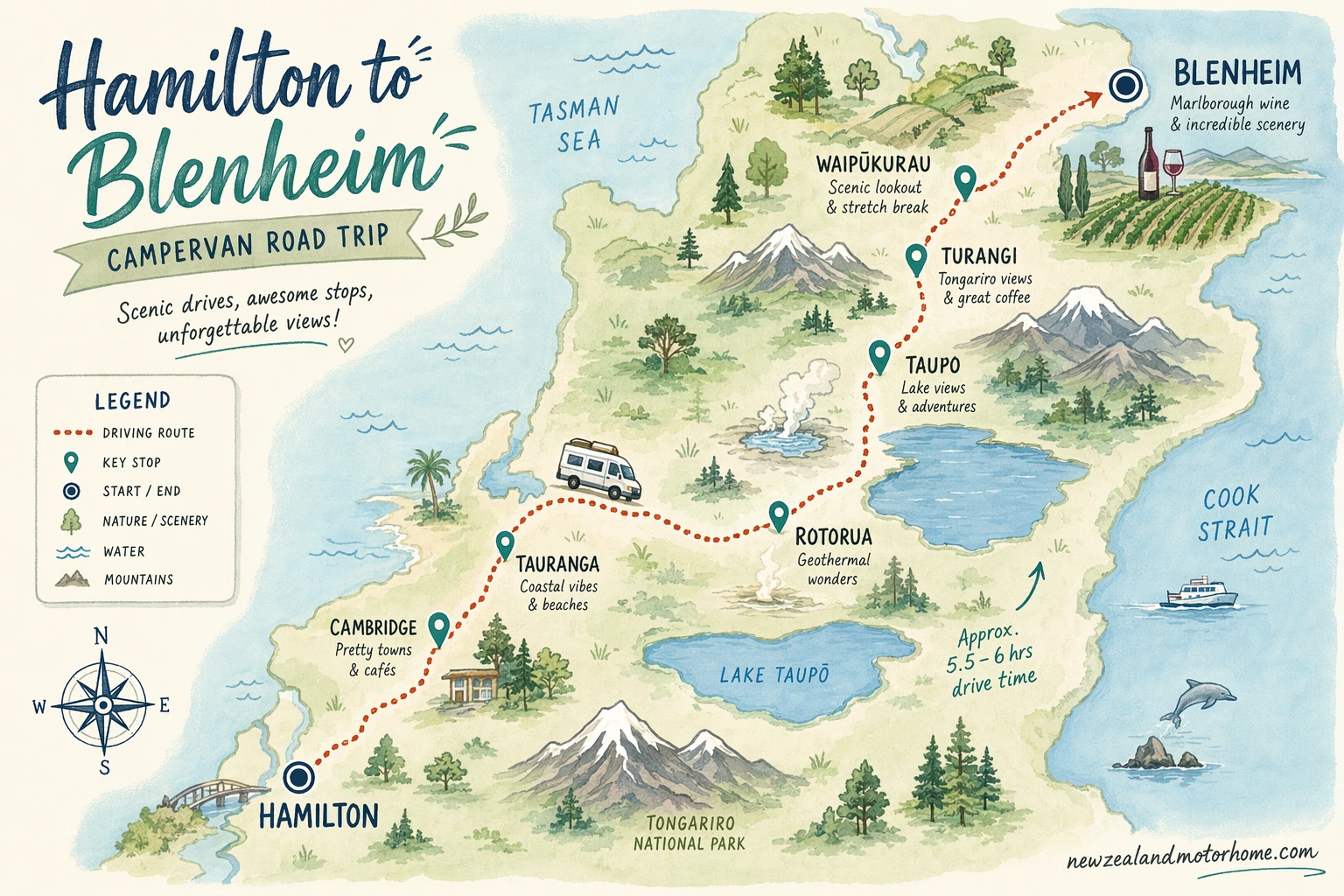 Illustrated campervan map — hamilton to blenheim campervan