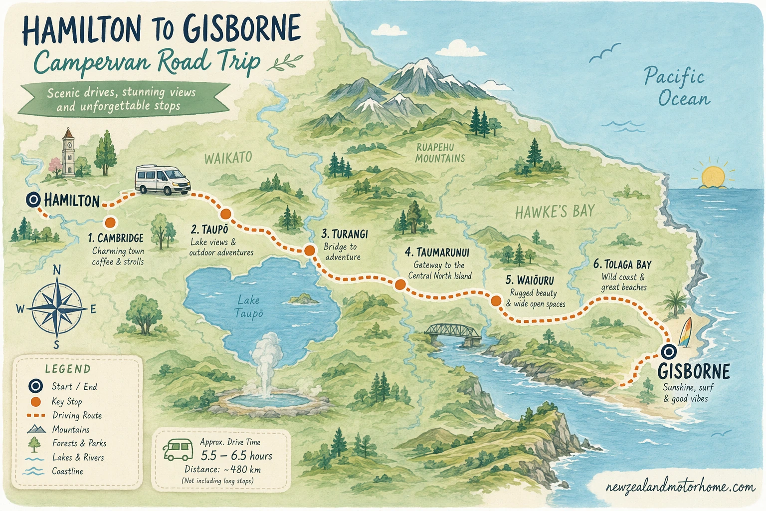 Illustrated campervan map — hamilton to gisborne campervan