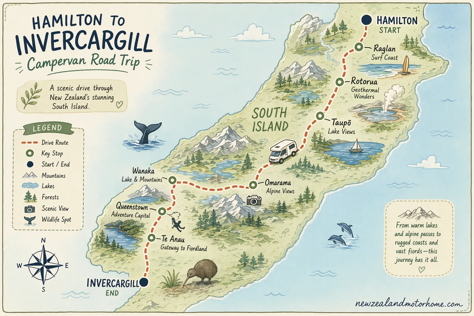 Illustrated campervan map — hamilton to invercargill campervan