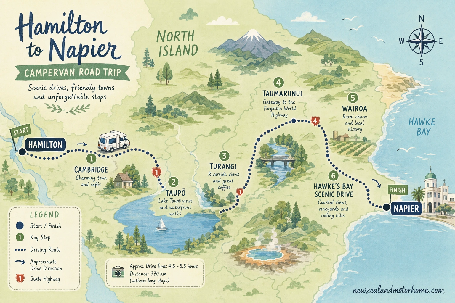 Illustrated campervan map — hamilton to napier campervan