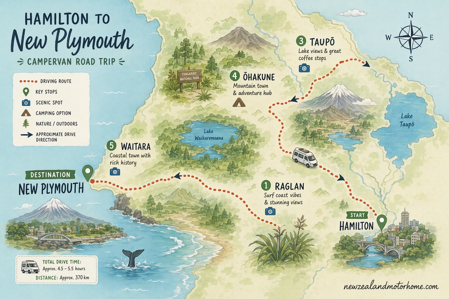 Illustrated campervan map — hamilton to new plymouth campervan