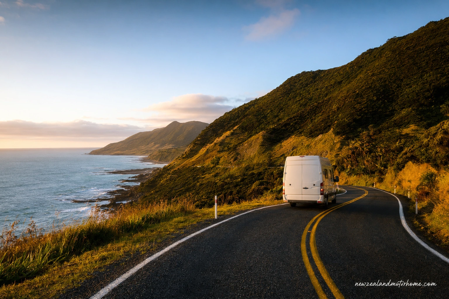 Campervan parked near the Taranaki coast on the Hamilton to New Plymouth route