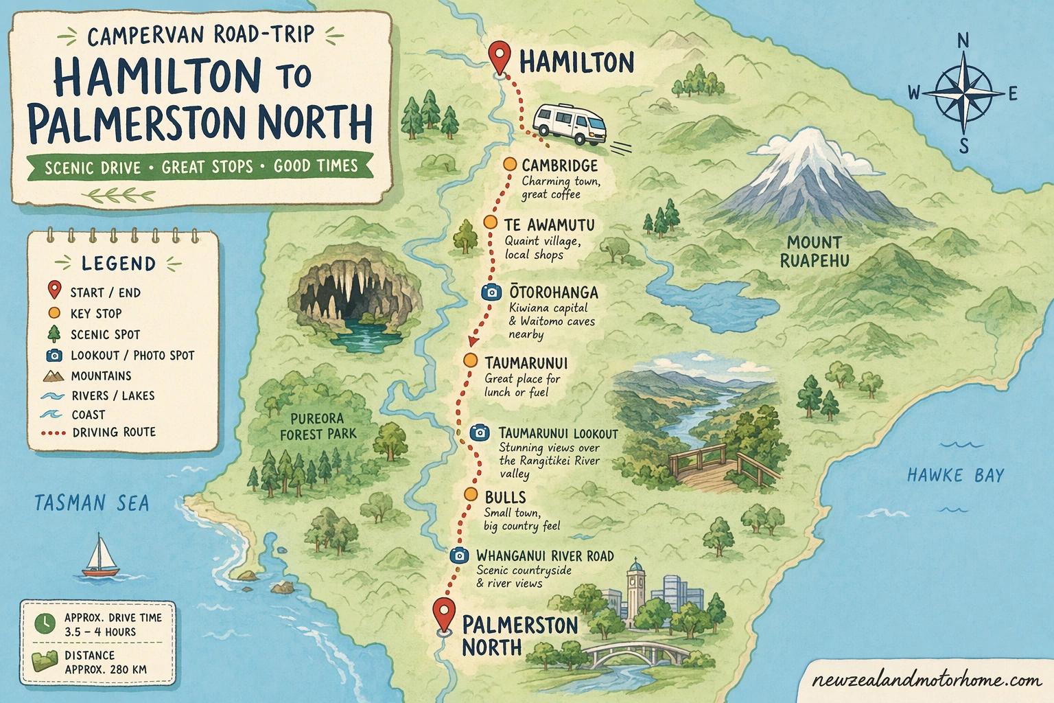 Illustrated campervan map — hamilton to palmerston north campervan