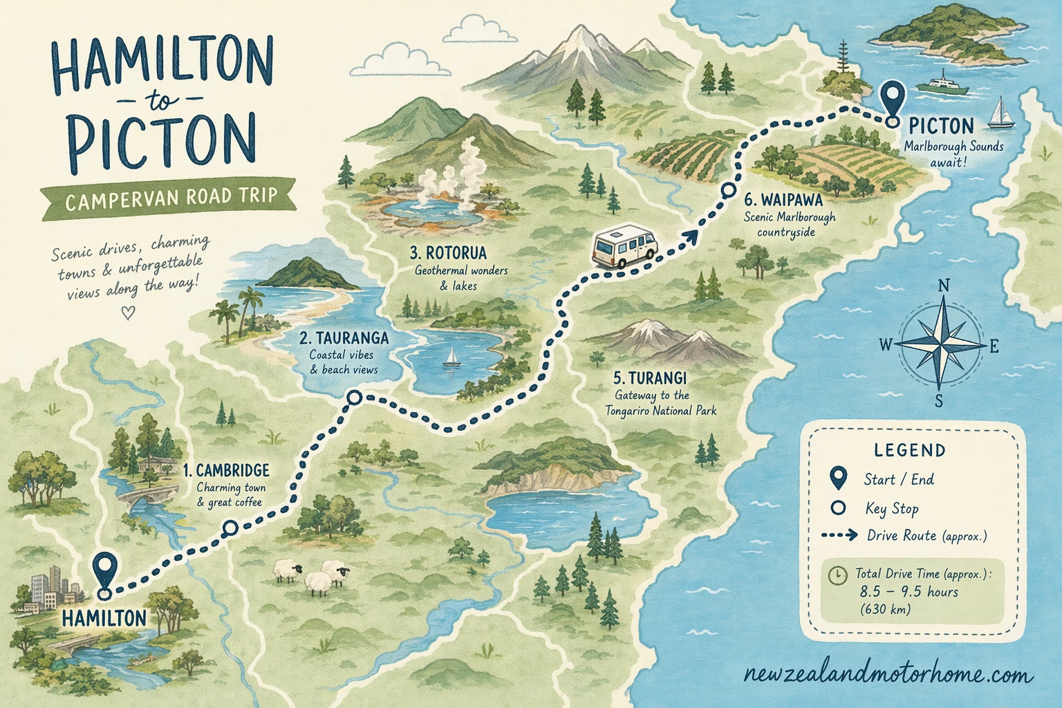 Illustrated campervan map — hamilton to picton campervan