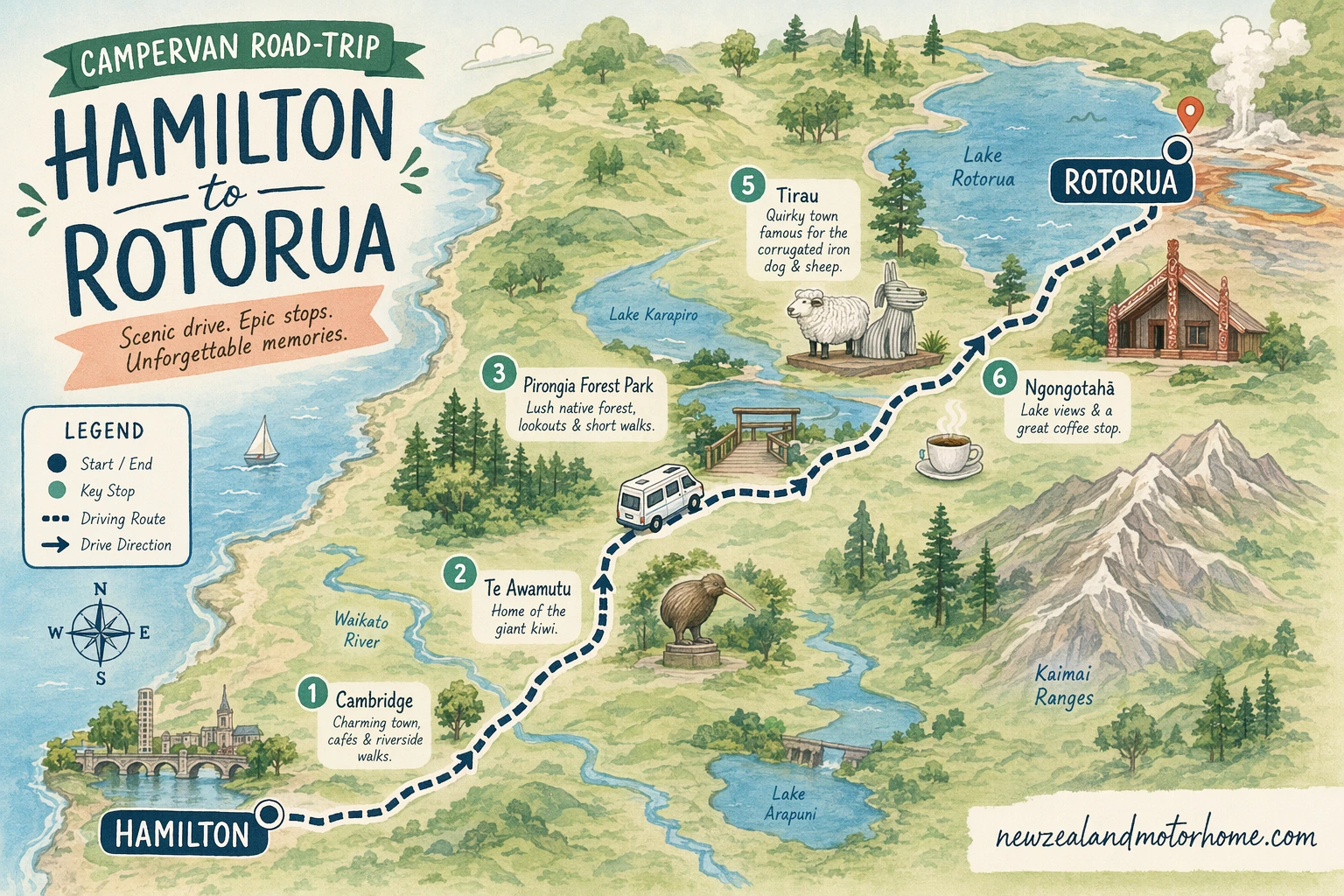 Illustrated campervan map — hamilton to rotorua campervan