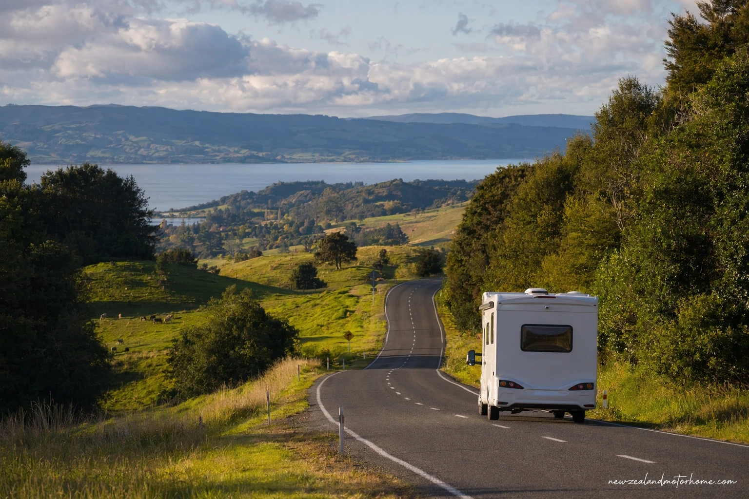 Campervan parked near Lake Rotorua after the drive from Hamilton through the Waikato