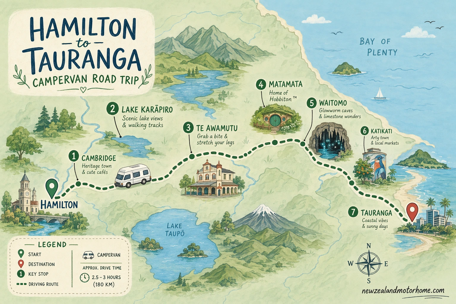 Illustrated campervan map — hamilton to tauranga campervan