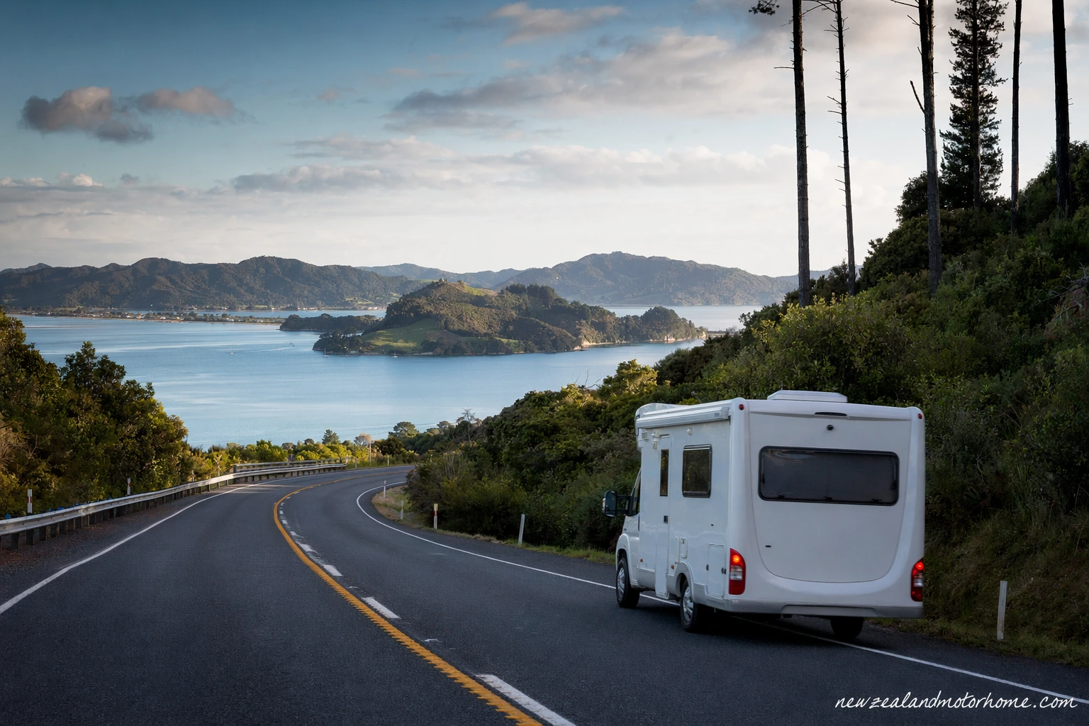 Campervan parked near Tauranga Harbour after driving the Hamilton to Tauranga route