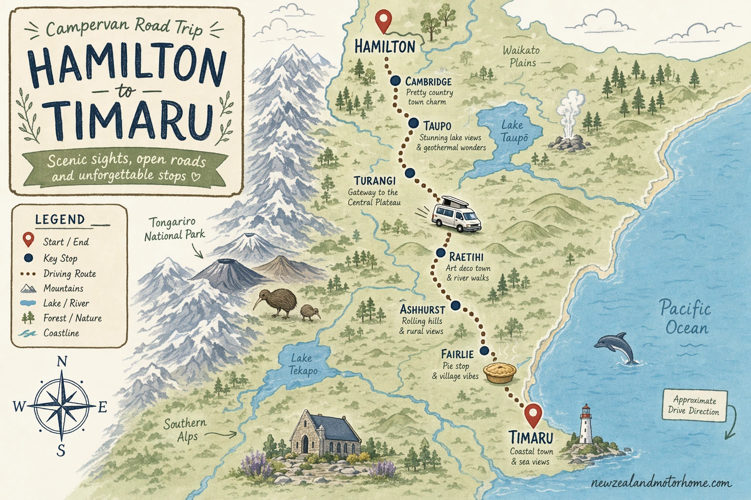 Illustrated campervan map — hamilton to timaru campervan