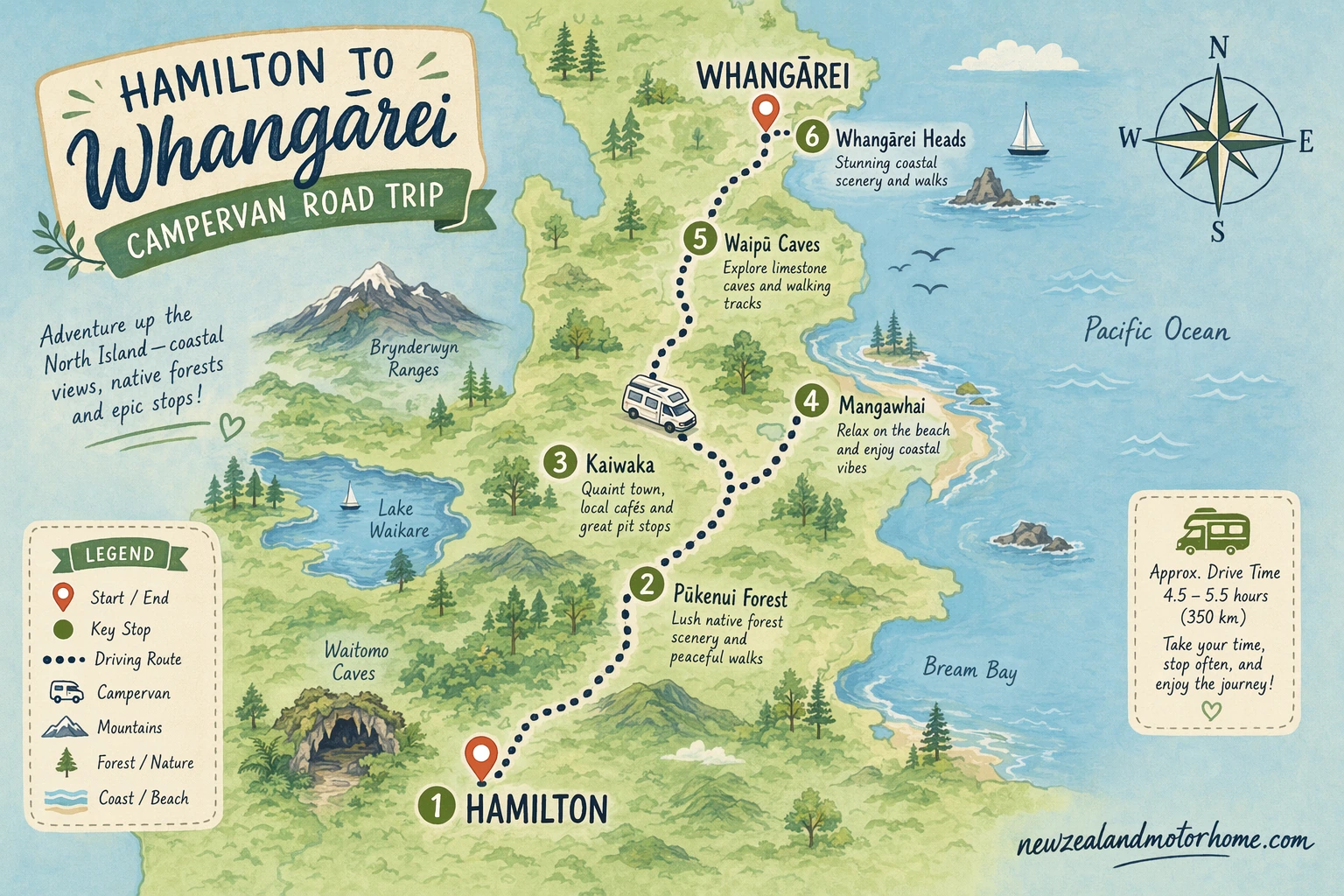 Illustrated campervan map — hamilton to whangarei campervan