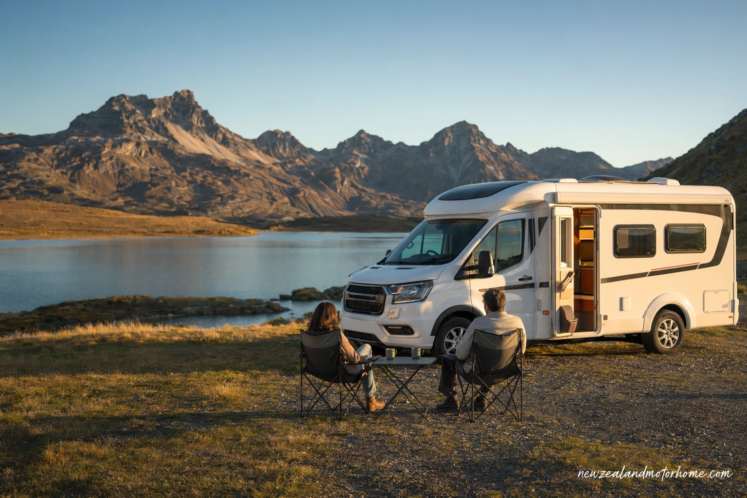 Campervan parked beside Lake Pukaki with Aoraki Mount Cook in the distance during a New Zealand motorhome trip