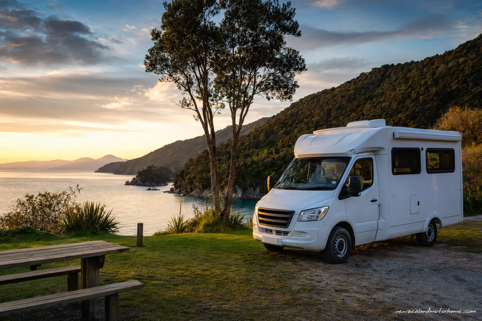 Campervan parked near golden sand and native bush by Abel Tasman Park