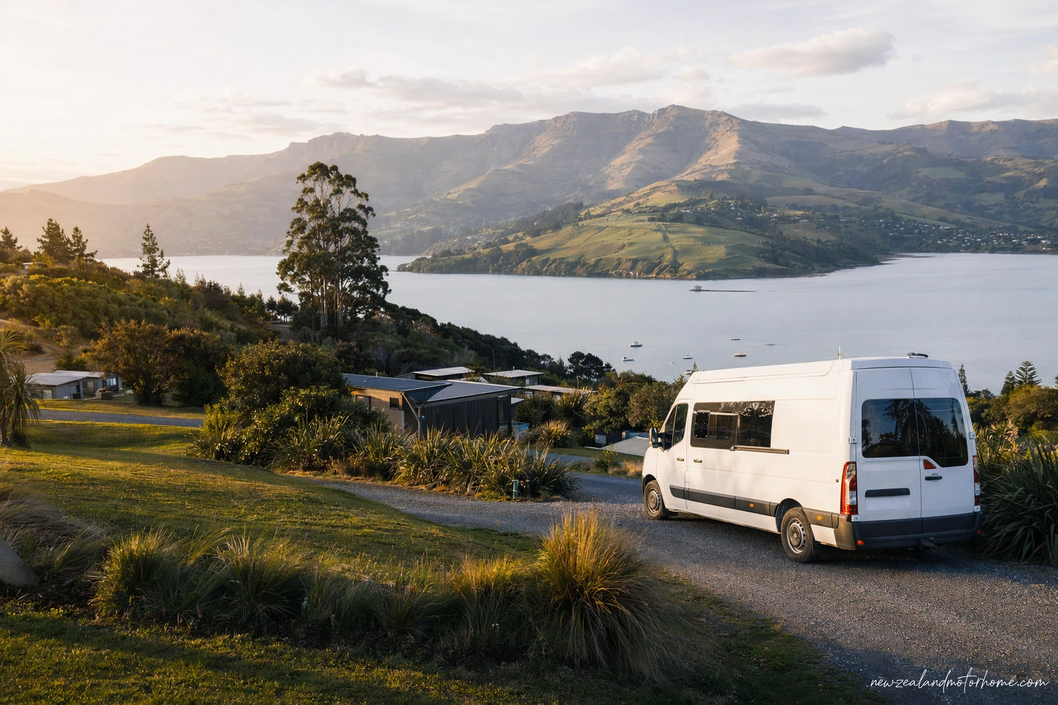 Campervan parked above Akaroa Harbour with green Banks Peninsula hills and the village below