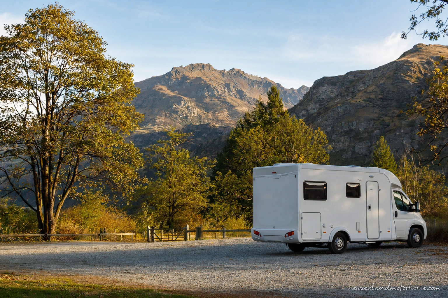 Campervan parked near Arrowtown with autumn trees, historic cottages and mountains in the background