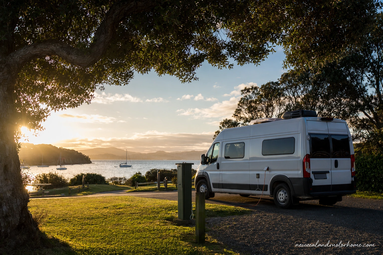 Campervan parked at an Auckland holiday park near the harbour with city and coastal surroundings
