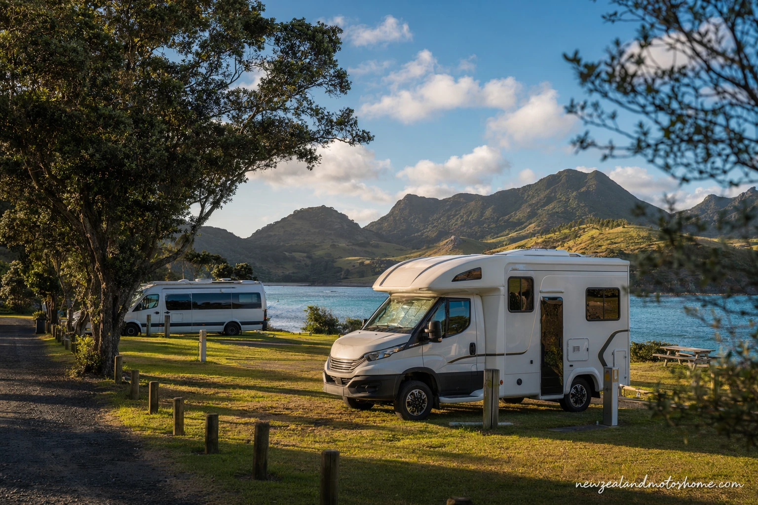 Campervan parked at a coastal holiday park in the Bay of Islands near calm harbour water