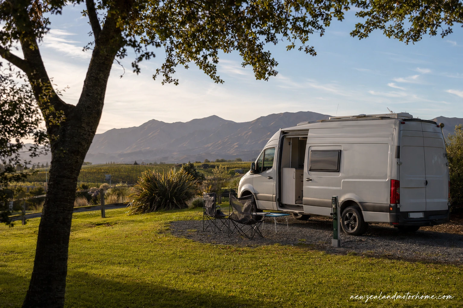 Campervan parked at a Blenheim holiday park with Marlborough hills and vineyards nearby